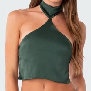 EDIKTED Satin Effect Open-Back Crop Top - Size S